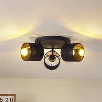 Plafonnier Lindby Vasilia, à 3 lampes, noir/doré, tissu