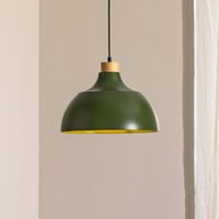 Envostar Kaitt pendant light, dark green, Ø 34 cm, wooden detail