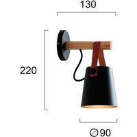Viokef Vetra wall light, black, steel, wood, leather, E27