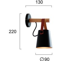 Viokef Vägglampa Vetra, svart, stål, trä, läder, E27