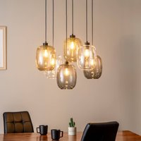 TK Lighting Elio pendellampa, glas, brun/klar/grå, 6-ljus rektangel