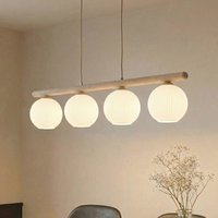 TK Lighting Virlo pendant light, 4-bulb, wood, opal glass, length 95 cm