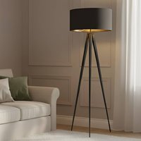 Lindby floor lamp Benik, tripod, textile, black/gold, 153cm