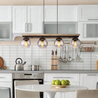 Globo Conni hänglampa, längd 85 cm, rökgrå, trä/glas, 4 lampor.