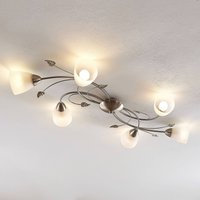 Lindby plafonnier Yannie, 6 lampes à 106 cm, nickel/blanc, verre