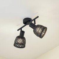 Lindby ceiling light Eskil, 2-bulb, black, bamboo, Ø 10 cm