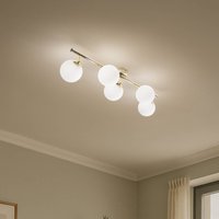 Domiluce Plafonnier Drum, couleur or, verre, longueur 80 cm, à 5 lampes