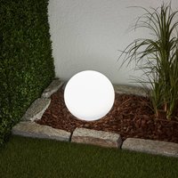 Lindby LED-solcellslampa Lago, Ø 25 cm, klot, jordspett, vit