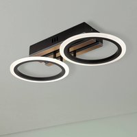 Globo Blevins LED ceiling lamp, 2-bulb, black/wood effect, length 46 cm