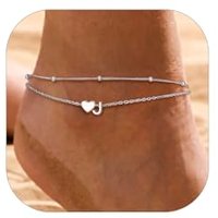 PROSILVER Women Sterling Silver Heart Anklet, A-Z Letter Initial Ankle Bracelet, Adjustable Hypoallergenic Double-Layer Foot Chain for Beach Summer wi