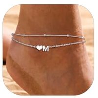 PROSILVER Women Sterling Silver Heart Anklet, A-Z Letter Initial Ankle Bracelet, Adjustable Hypoallergenic Double-Layer Foot Chain for Beach Summer wi