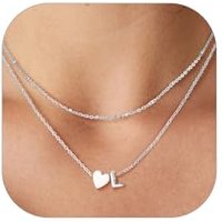 PROSTEEL Heart Initial Necklace for Women - Double Layered Silver White Gold/Gold Plated Bead Choker Name Necklace with Heart Letter Pendant Gift for