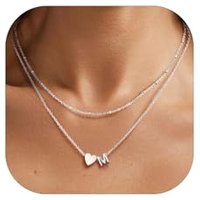 PROSTEEL Heart Initial Necklace for Women - Double Layered Silver White Gold/Gold Plated Bead Choker Name Necklace with Heart Letter Pendant Gift for
