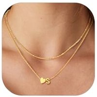 PROSTEEL Heart Initial Necklace for Women - Double Layered Silver White Gold/Gold Plated Bead Choker Name Necklace with Heart Letter Pendant Gift for