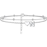 PROSILVER Women Sterling Silver Heart Anklet, A-Z Letter Initial Ankle Bracelet, Adjustable Hypoallergenic Double-Layer Foot Chain for Beach Summer wi