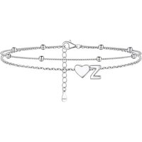 PROSILVER Women Sterling Silver Heart Anklet, A-Z Letter Initial Ankle Bracelet, Adjustable Hypoallergenic Double-Layer Foot Chain for Beach Summer wi