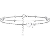 PROSILVER Women Sterling Silver Heart Anklet, A-Z Letter Initial Ankle Bracelet, Adjustable Hypoallergenic Double-Layer Foot Chain for Beach Summer wi
