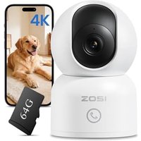 ZOSI 4K Indoor Security Camera, WiFi Pet Camera/Baby Monitor with 64GB Memory Card No Monthly Fee, Human/Pet Auto Tracking, 360° Surveillance Indoor