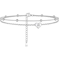PROSILVER Women Initial Anklet Sterling Silver Heart Ankle Bracelet A-Z Letter, Adjustable Double-Layer Foot Chain for Beach Summer with Gift Box