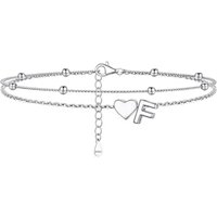 PROSILVER Women Sterling Silver Heart Anklet, A-Z Letter Initial Ankle Bracelet, Adjustable Hypoallergenic Double-Layer Foot Chain for Beach Summer wi
