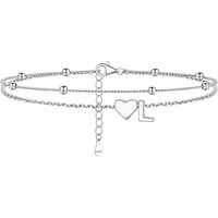 PROSILVER Women Sterling Silver Heart Anklet, A-Z Letter Initial Ankle Bracelet, Adjustable Hypoallergenic Double-Layer Foot Chain for Beach Summer wi
