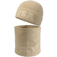 2 Pcs Warm Fleece Beanie Neck Gaiter Set, Embossing USA Army Military Winter Gear Skull Cap for Men Women Desert Sand