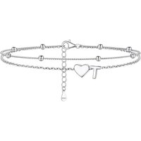 PROSILVER Women Sterling Silver Heart Anklet, A-Z Letter Initial Ankle Bracelet, Adjustable Hypoallergenic Double-Layer Foot Chain for Beach Summer wi