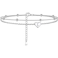 PROSILVER Women Initial Anklet Sterling Silver Heart Ankle Bracelet A-Z Letter, Adjustable Double-Layer Foot Chain for Beach Summer with Gift Box