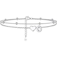 PROSILVER Women Sterling Silver Heart Anklet, A-Z Letter Initial Ankle Bracelet, Adjustable Hypoallergenic Double-Layer Foot Chain for Beach Summer wi