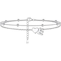 PROSILVER Women Sterling Silver Heart Anklet, A-Z Letter Initial Ankle Bracelet, Adjustable Hypoallergenic Double-Layer Foot Chain for Beach Summer wi