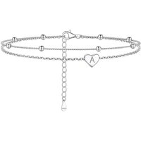 PROSILVER Women Initial Anklet Sterling Silver Heart Ankle Bracelet A-Z Letter, Adjustable Double-Layer Foot Chain for Beach Summer with Gift Box