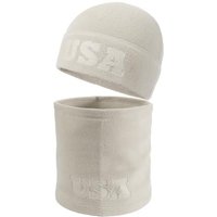 2 Pcs Warm Fleece Beanie Neck Gaiter Set, Embossing USA Army Military Winter Gear Skull Cap for Men Women Oatmea