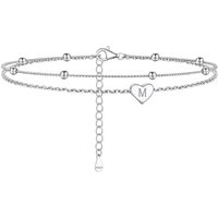 PROSILVER Women Initial Anklet Sterling Silver Heart Ankle Bracelet A-Z Letter, Adjustable Double-Layer Foot Chain for Beach Summer with Gift Box