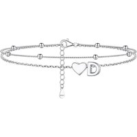 PROSILVER Women Sterling Silver Heart Anklet, A-Z Letter Initial Ankle Bracelet, Adjustable Hypoallergenic Double-Layer Foot Chain for Beach Summer wi