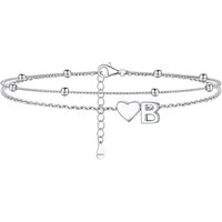 PROSILVER Women Sterling Silver Heart Anklet, A-Z Letter Initial Ankle Bracelet, Adjustable Hypoallergenic Double-Layer Foot Chain for Beach Summer wi