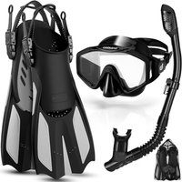 Snorkel Set for Adults, Anti-Fog Diving Mask with Dry Top Snorkel & Swim Fins, Wide View Scuba Flippers Snorkeling Gear for Men Women Youth