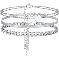 PROSTEEL Anklets Set for Women - Cuban Link/Herringbone/Heart Layered Ankle Bracelets Adjustable Waterproof for Summer Beach Jewellery, Silver/Gold Pl