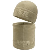2 Pcs Warm Fleece Beanie Neck Gaiter Set, Embossing USA Army Military Winter Gear Skull Cap for Men Women Olive