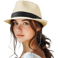 Straw Fedora Hat for Women Men Packable Short Brim Roll Up Trilby Hat Panama Summer Beach Sun Hat UPF 50+ M-L Natural