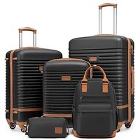 COOLIFE Suitcase Set, 5 Piece Luggage Sets with Travel Backpack and Toiletry Bag for Family Travel, TSA Lock 360° Spinner Wheels (Black/Brown, 5 Piec