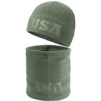 2 Pcs Warm Fleece Beanie Neck Gaiter Set, Embossing USA Army Military Winter Gear Skull Cap for Men Women Forest Green
