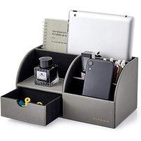 Vlando Desk Organiser with Drawer, Leather Office Stationery Desk Tidy Organiser, Multifunctional Desktop Pen Organizer,Remote Control Holder Grey