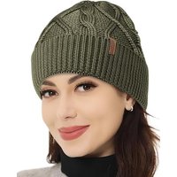 Outdoor Shaping Merino Wool Beanie, Unisex Cable Knit Hat, Daily Rib Cuff Beanie, Warm Winter Cap One Size Army Green