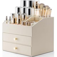 Vlando Makeup Organiser, Faux Leather Cosmetic Organiser with 2 Drawer, Dressing Table Organiser for Lipstick, Jewellery & Skincare Storage,Beige