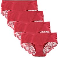 LIQQY Women's Seamless Knickers Cotton Lady Panties Midi Lace Underwear Full Coverage Brief Pack of 4 L Red
