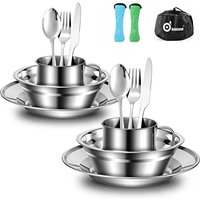 Odoland Camping Cutlery Set - Stainless Steel Tableware Mess Kit Includes Plate Cup Fork Spoon, 8 in 1 Flatware Kit with Mesh Bag - Dinnerware Utensil
