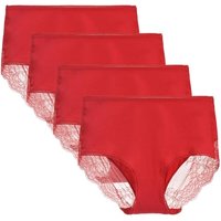 LIQQY Women's 3 or 4 Pack High Waisted Comfort Cotton Lace Coverage Full Rise Briefs Knickers Underwear S Red