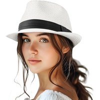 Straw Fedora Hat for Women Men Packable Short Brim Roll Up Trilby Hat Panama Summer Beach Sun Hat UPF 50+ M-L White