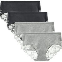 LIQQY Women's 4 Pack Cotton Mid Rise Full Coverage Lace Hipster Brief Panty Knicker Underwear M Black/Heather Grey