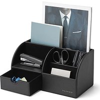 Vlando Desk Organiser with Drawer, Leather Office Stationery Desk Tidy Organiser, Multifunctional Desktop Pen Organizer,Remote Control Holder Black